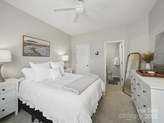 1061 Woodglen Ln, Matthews, NC 28104 - bedroom featuring light carpet, connected bathroom, and ceiling fan
