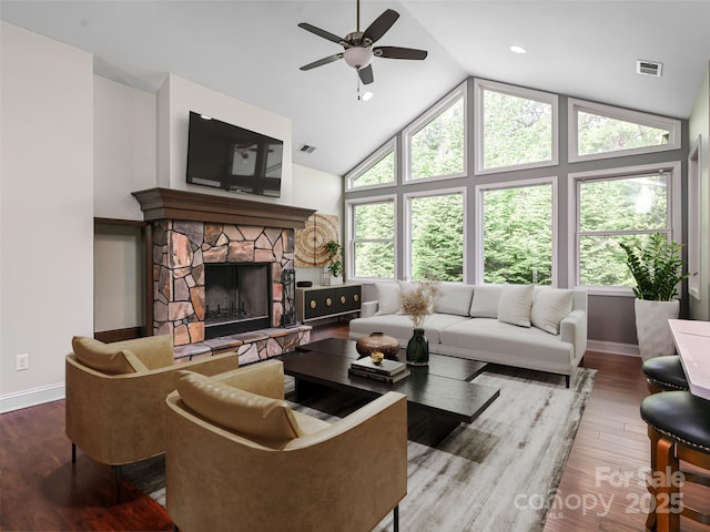 110 Village Pointe Ln, Asheville, NC 28803 - living area with a ceiling fan, wood finished floors, a fireplace, and high vaulted ceiling