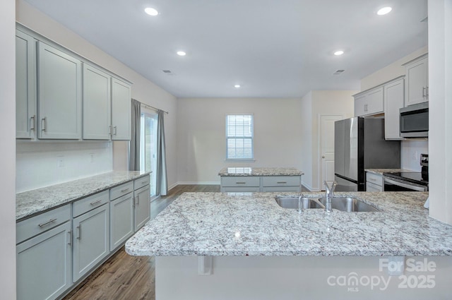 427 Carolina Hemlock Dr, Locust, NC 28097 - kitchen with appliances with stainless steel finishes, a sink, wood finished floors, recessed lighting, and decorative backsplash