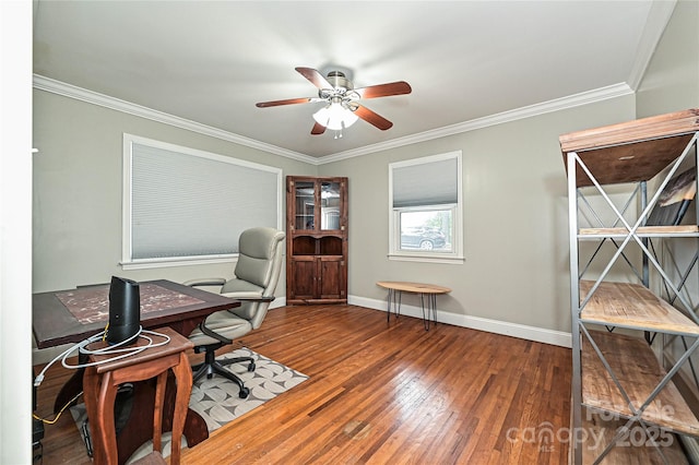 5222 Sikes Mill Rd, Monroe, NC 28110 - home office featuring hardwood / wood-style floors, a ceiling fan, crown molding, and baseboards