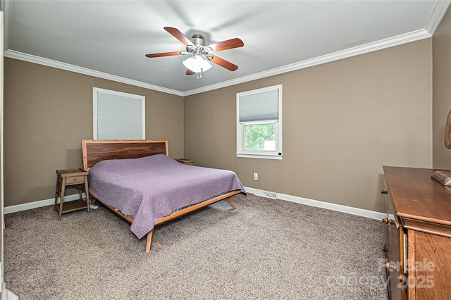 5222 Sikes Mill Rd, Monroe, NC 28110 - carpeted bedroom featuring ornamental molding, baseboards, and ceiling fan