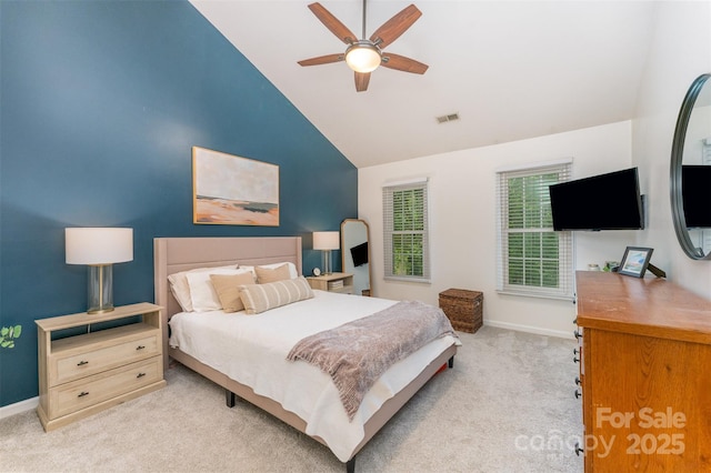 8624 Canter Post Dr, Charlotte, NC 28216 - bedroom with light colored carpet, baseboards, ceiling fan, and high vaulted ceiling