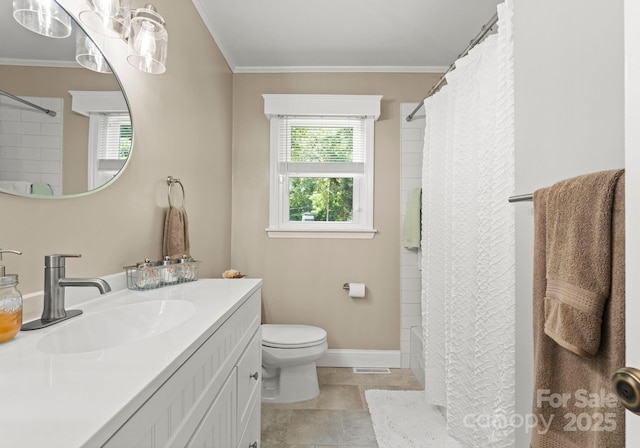 1226 Tarrington Ave, Charlotte, NC 28205 - full bathroom with vanity, ornamental molding, toilet, shower / tub combo with curtain, and tile patterned flooring