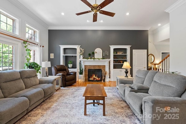 134 Brightmore Cir, Rutherfordton, NC 28139 - living room featuring ceiling fan, a high end fireplace, recessed lighting, wood finished floors, and ornamental molding