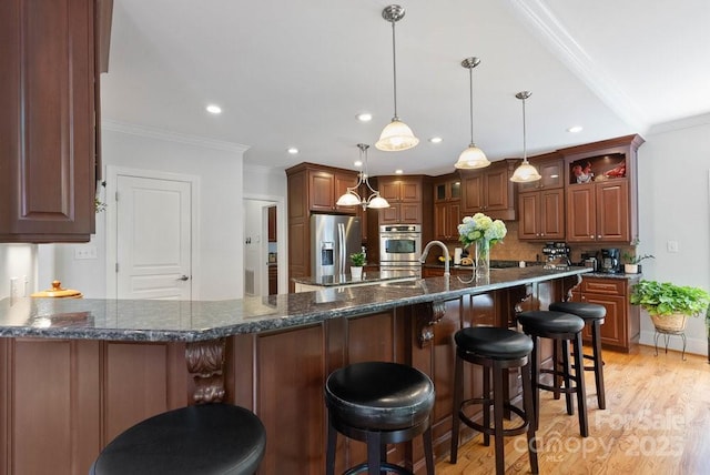 134 Brightmore Cir, Rutherfordton, NC 28139 - kitchen featuring stainless steel fridge with ice dispenser, tasteful backsplash, a peninsula, light wood finished floors, and crown molding