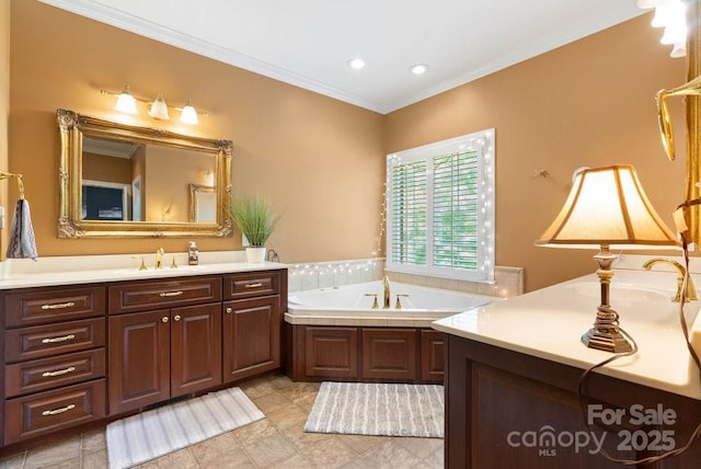 134 Brightmore Cir, Rutherfordton, NC 28139 - full bathroom featuring two vanities, a garden tub, ornamental molding, and recessed lighting
