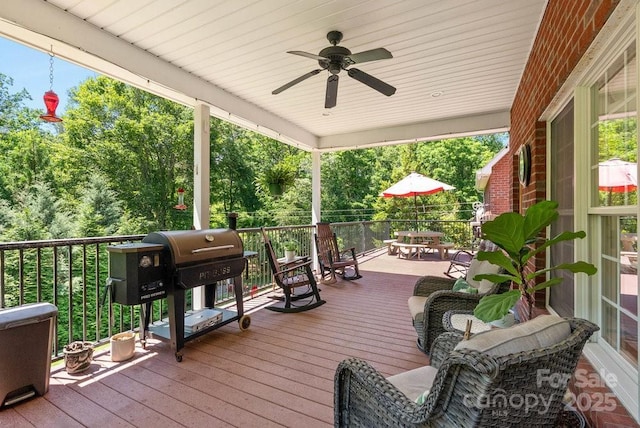 134 Brightmore Cir, Rutherfordton, NC 28139 - wooden deck featuring a grill, outdoor dining space, and ceiling fan