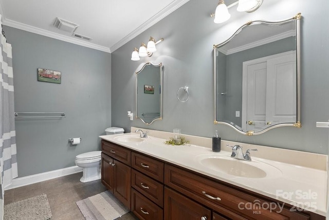 134 Brightmore Cir, Rutherfordton, NC 28139 - bathroom with double vanity, baseboards, toilet, crown molding, and wood finished floors