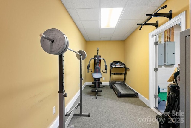 134 Brightmore Cir, Rutherfordton, NC 28139 - exercise area with a drop ceiling, baseboards, carpet flooring, and electric panel