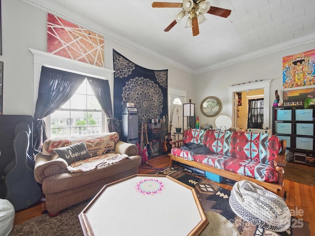 211 S Rowan Ave, Spencer, NC 28159 - living area with hardwood / wood-style flooring, ceiling fan, and ornamental molding
