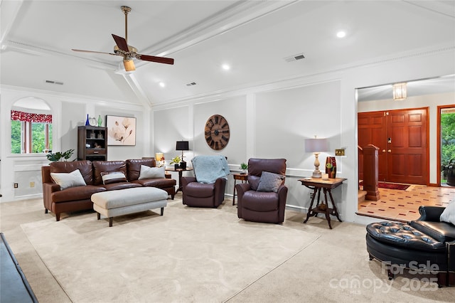 1201 Cliffspring Ct, Winston Salem, NC 27104 - living room with crown molding, a decorative wall, ceiling fan, carpet, and recessed lighting