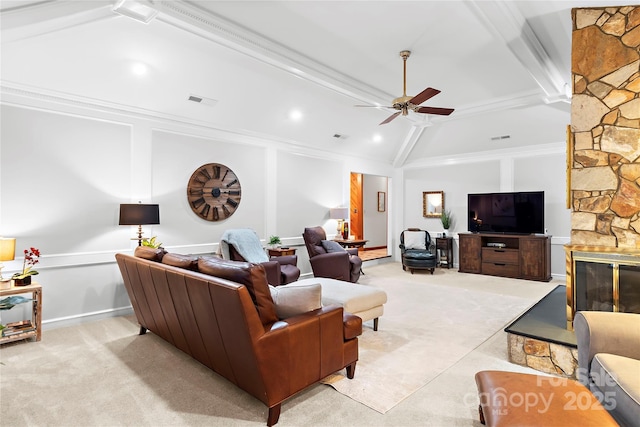 1201 Cliffspring Ct, Winston Salem, NC 27104 - living room with ceiling fan, light carpet, and crown molding