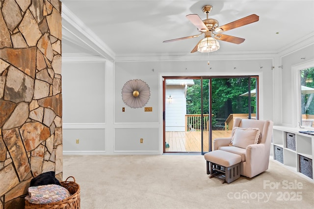 1201 Cliffspring Ct, Winston Salem, NC 27104 - living area featuring carpet flooring, crown molding, and a ceiling fan
