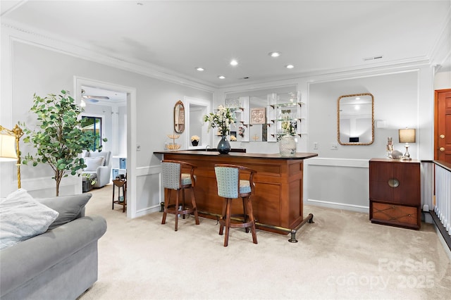 1201 Cliffspring Ct, Winston Salem, NC 27104 - indoor dry bar with crown molding, light carpet, ceiling fan, and recessed lighting