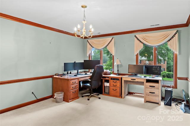 1201 Cliffspring Ct, Winston Salem, NC 27104 - office space featuring ornamental molding, a chandelier, light colored carpet, and baseboards