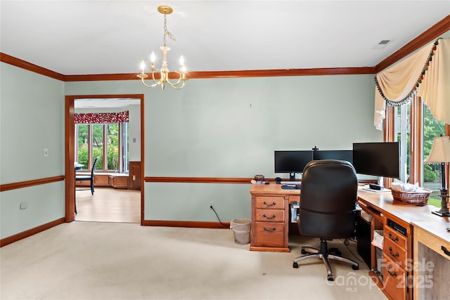 1201 Cliffspring Ct, Winston Salem, NC 27104 - home office with ornamental molding, a chandelier, carpet flooring, and baseboards