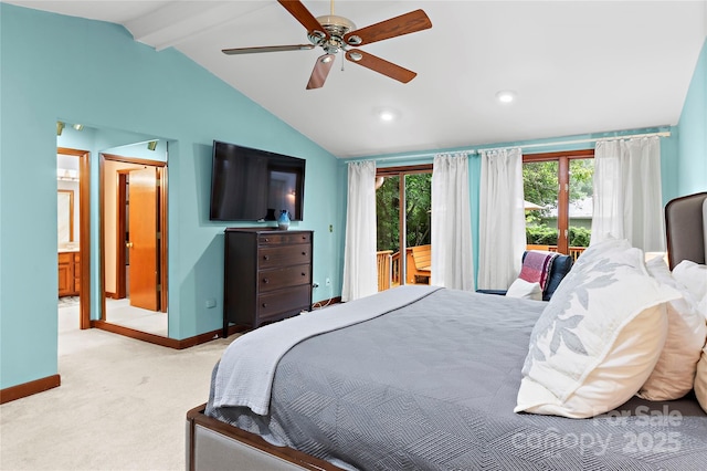 1201 Cliffspring Ct, Winston Salem, NC 27104 - bedroom with baseboards, light colored carpet, access to exterior, recessed lighting, and a ceiling fan