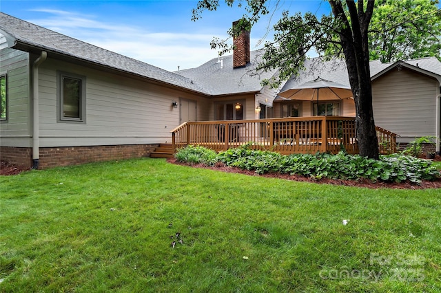 1201 Cliffspring Ct, Winston Salem, NC 27104 - rear view of house featuring a wooden deck, a chimney, a yard, and a shingled roof