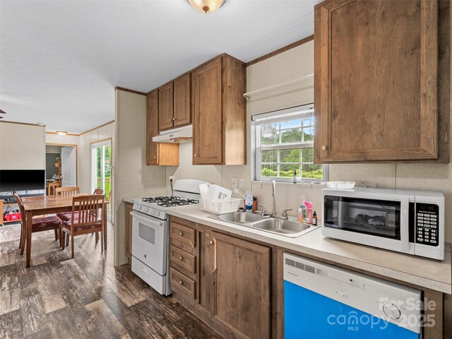 38 Kemp Rd, Pisgah Forest, NC 28768 - kitchen featuring white appliances, a sink, dark wood finished floors, under cabinet range hood, and brown cabinets