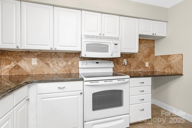 6101 Heath Ridge Ct, Charlotte, NC 28210 - kitchen with white appliances, backsplash, white cabinets, baseboards, and light tile patterned floors