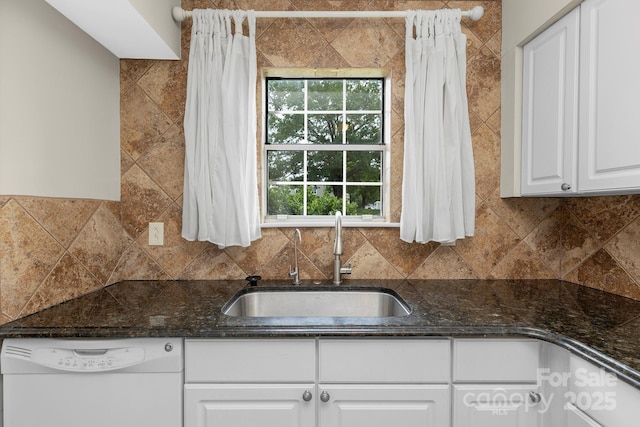 6101 Heath Ridge Ct, Charlotte, NC 28210 - kitchen with white dishwasher, a sink, white cabinets, tasteful backsplash, and dark stone counters