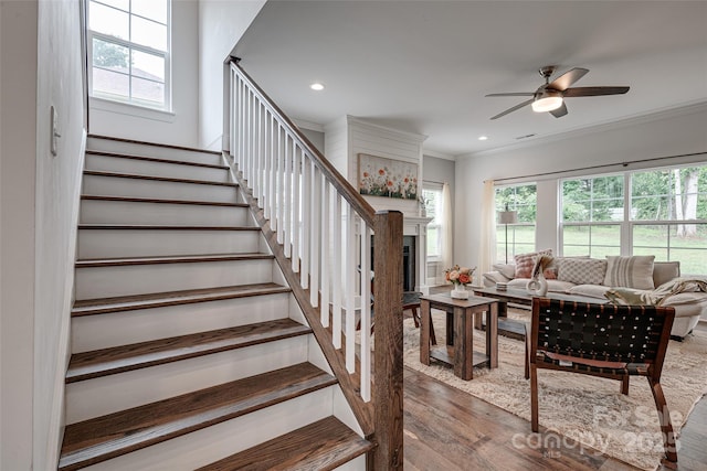 360 Sundown Rd, Mooresville, NC 28117 - stairs with wood finished floors, ceiling fan, plenty of natural light, ornamental molding, and recessed lighting