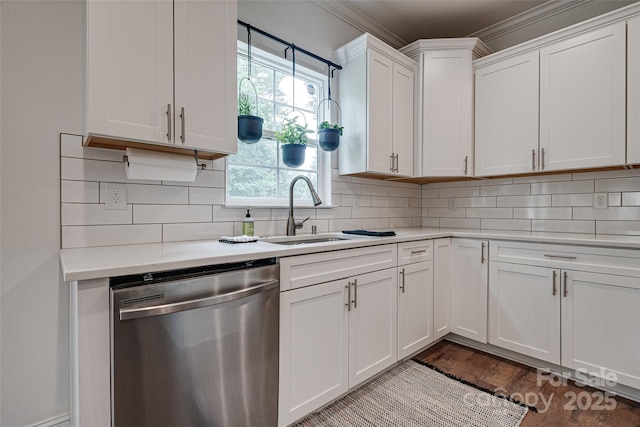 360 Sundown Rd, Mooresville, NC 28117 - kitchen with stainless steel dishwasher, a sink, light countertops, white cabinets, and backsplash