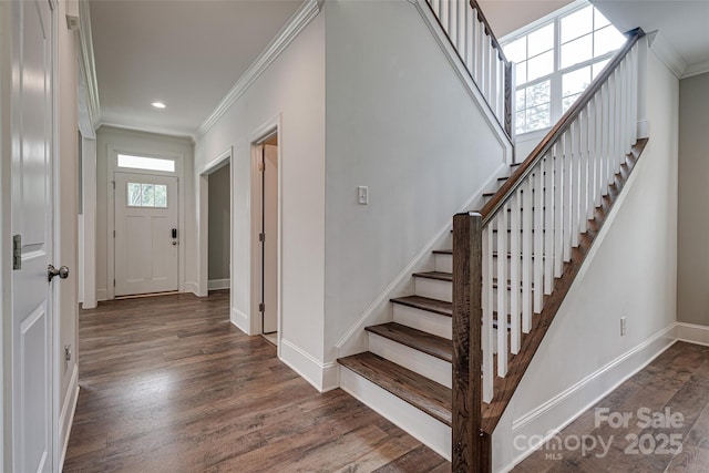 360 Sundown Rd, Mooresville, NC 28117 - entrance foyer featuring crown molding, wood finished floors, stairs, baseboards, and recessed lighting