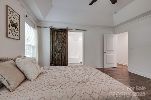 360 Sundown Rd, Mooresville, NC 28117 - bedroom with a tray ceiling, dark wood-type flooring, baseboards, crown molding, and ensuite bathroom