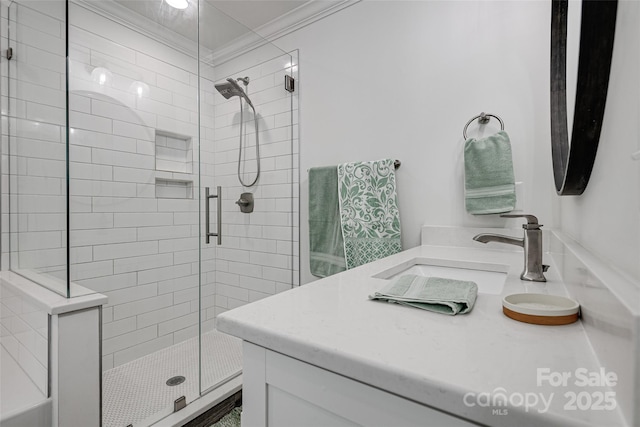 360 Sundown Rd, Mooresville, NC 28117 - bathroom with vanity, a shower stall, and ornamental molding