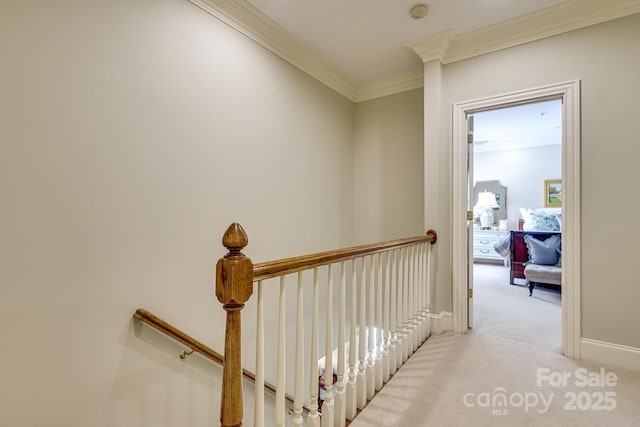 525 Queens Rd, Charlotte, NC 28207 - hallway with an upstairs landing, crown molding, carpet floors, and baseboards