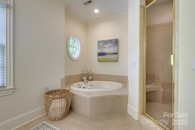 525 Queens Rd, Charlotte, NC 28207 - bathroom featuring tile patterned flooring, a garden tub, a shower stall, ornamental molding, and recessed lighting