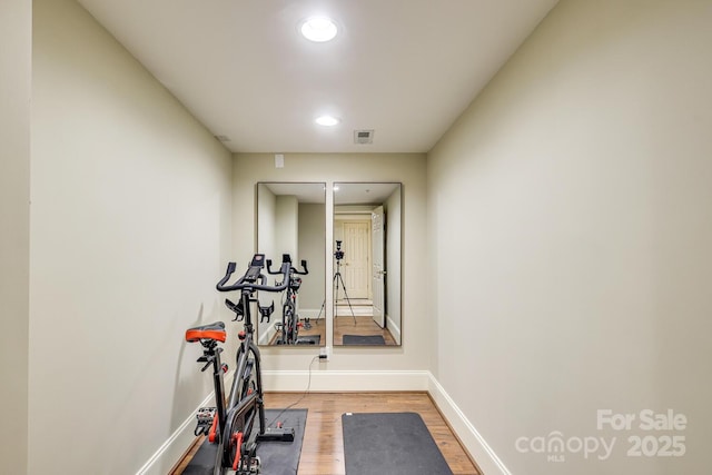 525 Queens Rd, Charlotte, NC 28207 - workout area featuring wood finished floors, baseboards, and recessed lighting
