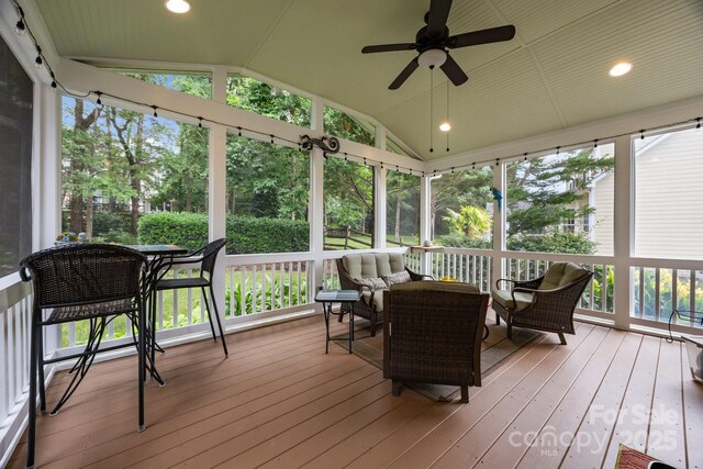 10703 Back Ridge Rd, Charlotte, NC 28277 - sunroom with vaulted ceiling and a ceiling fan