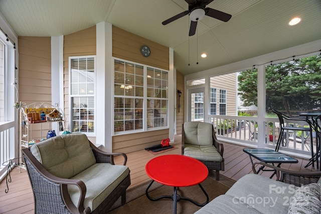10703 Back Ridge Rd, Charlotte, NC 28277 - sunroom with vaulted ceiling, a ceiling fan, and plenty of natural light