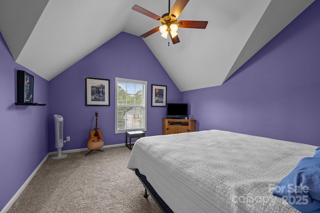 10703 Back Ridge Rd, Charlotte, NC 28277 - bedroom with carpet flooring, baseboards, vaulted ceiling, and ceiling fan