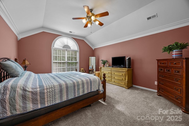 10703 Back Ridge Rd, Charlotte, NC 28277 - carpeted bedroom with lofted ceiling, ornamental molding, a ceiling fan, and baseboards