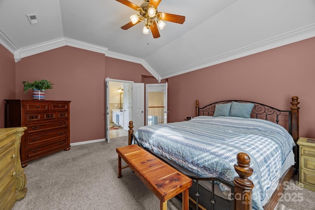 10703 Back Ridge Rd, Charlotte, NC 28277 - bedroom featuring vaulted ceiling, light colored carpet, crown molding, baseboards, and a ceiling fan