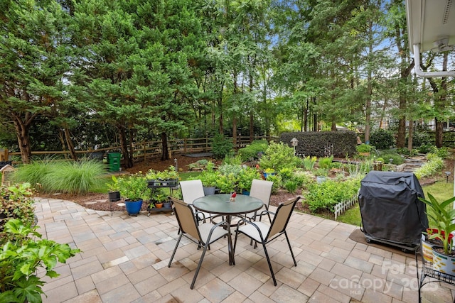 10703 Back Ridge Rd, Charlotte, NC 28277 - fenced backyard featuring outdoor dining area, a patio area, area for grilling, and view of scattered trees