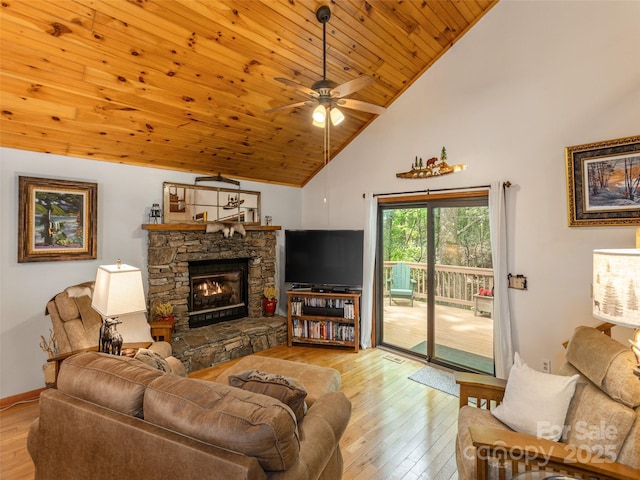141 Creekside Dr, Maggie Valley, NC 28751 - living room featuring light wood-style floors, high vaulted ceiling, a fireplace, wooden ceiling, and a ceiling fan