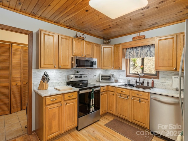 141 Creekside Dr, Maggie Valley, NC 28751 - kitchen featuring appliances with stainless steel finishes, a sink, tasteful backsplash, light wood-type flooring, and wood ceiling