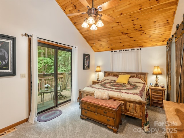 141 Creekside Dr, Maggie Valley, NC 28751 - carpeted bedroom featuring a barn door, access to outside, wooden ceiling, baseboards, and high vaulted ceiling