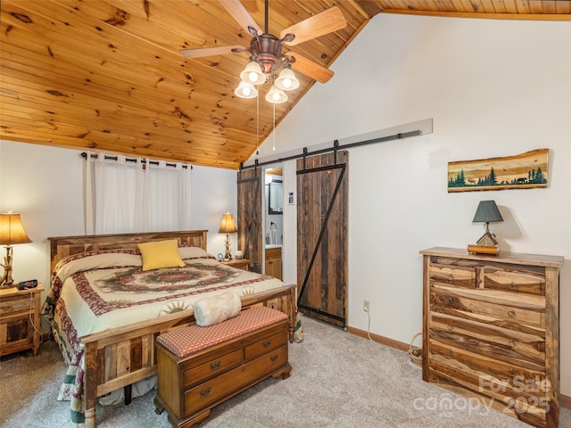 141 Creekside Dr, Maggie Valley, NC 28751 - carpeted bedroom with a barn door, wooden ceiling, baseboards, high vaulted ceiling, and a ceiling fan