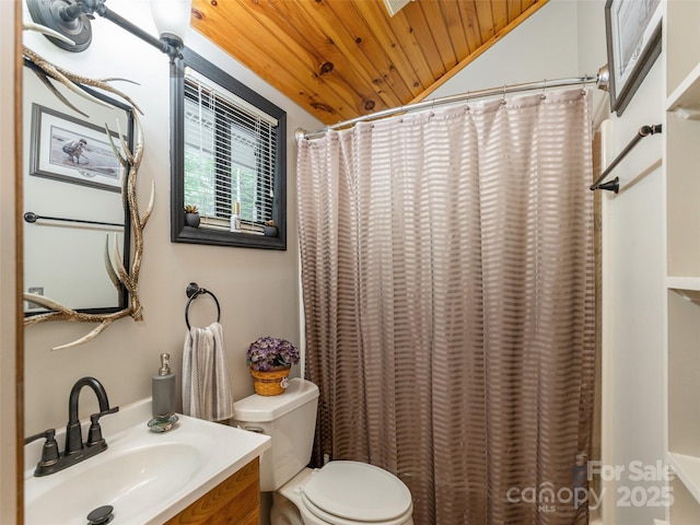 141 Creekside Dr, Maggie Valley, NC 28751 - full bath with wood ceiling, vanity, toilet, lofted ceiling, and shower / bath combination with curtain