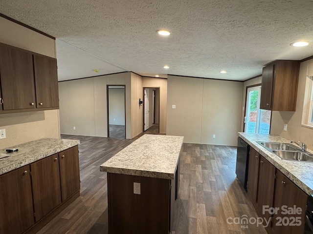 3162 Bear Trail Dr, Lenoir, NC 28645 - kitchen featuring a sink, dishwasher, dark wood finished floors, a textured ceiling, and dark brown cabinets