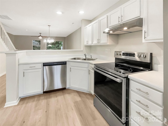 14123 Tranters Creek Ln, Charlotte, NC 28273 - kitchen featuring appliances with stainless steel finishes, under cabinet range hood, a sink, light wood finished floors, and recessed lighting