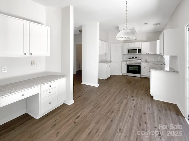 6413 Fillian Ln, Charlotte, NC 28269 - kitchen featuring stainless steel appliances, dark wood-style floors, a sink, white cabinets, and light stone counters