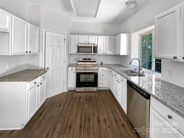 6413 Fillian Ln, Charlotte, NC 28269 - kitchen with appliances with stainless steel finishes, a sink, light stone counters, and dark wood-style floors