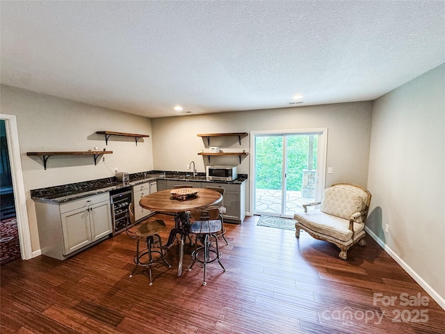 171 View Ridge Parkway, Leicester, NC 28748 - kitchen featuring open shelves, beverage cooler, dark countertops, stainless steel microwave, and dark wood-style floors