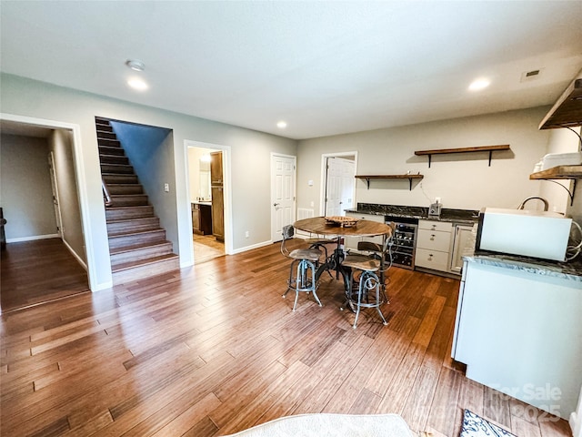 171 View Ridge Parkway, Leicester, NC 28748 - kitchen featuring open shelves, dark countertops, white microwave, beverage cooler, and recessed lighting